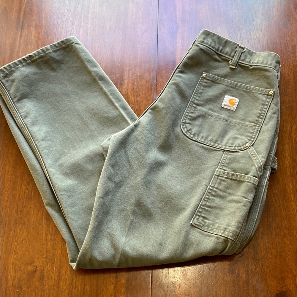 Vintage Carhartt Olive Green Double Knee Carpenter Jeans Size 36x32 Original Fit